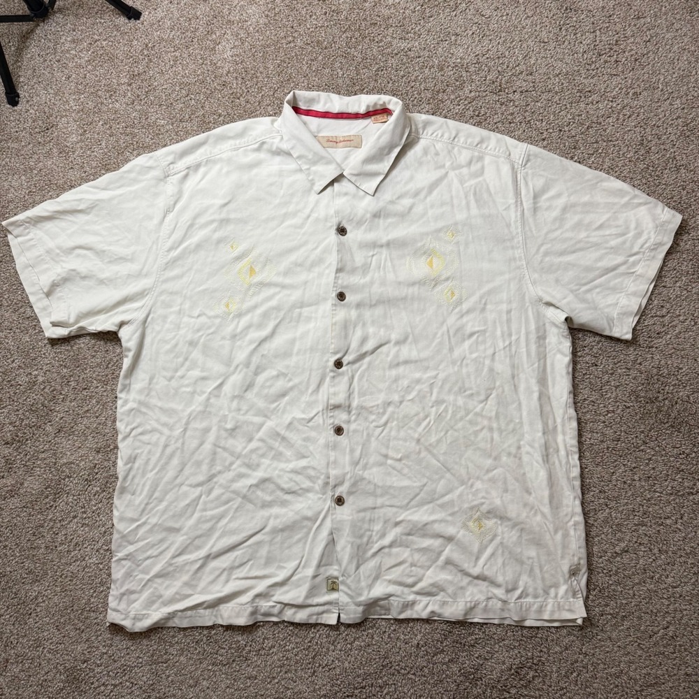 Tommy Bahama Silk Button Down Shirt Mens XXL Cream Embroidered Hawaiian